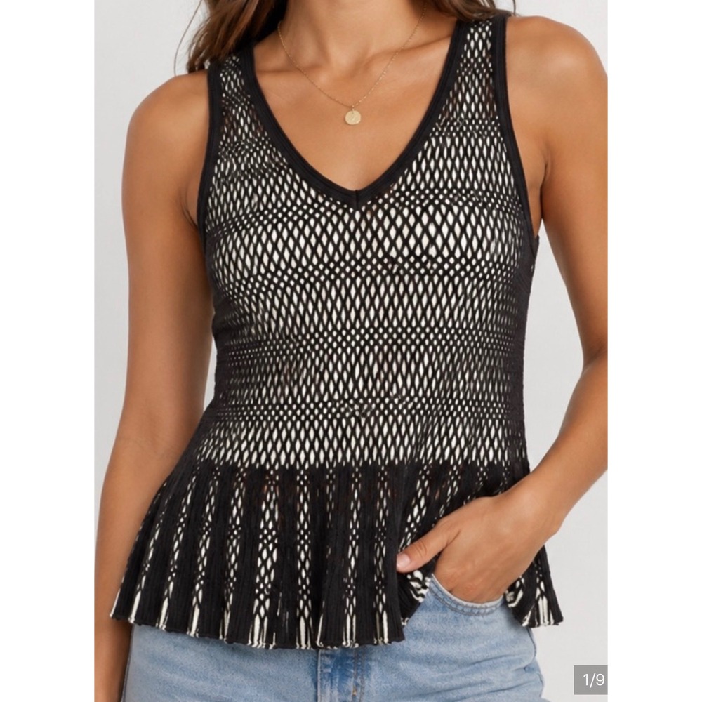 White House Black Market Black White Mesh Peplum V-Neck Tank Top Size M